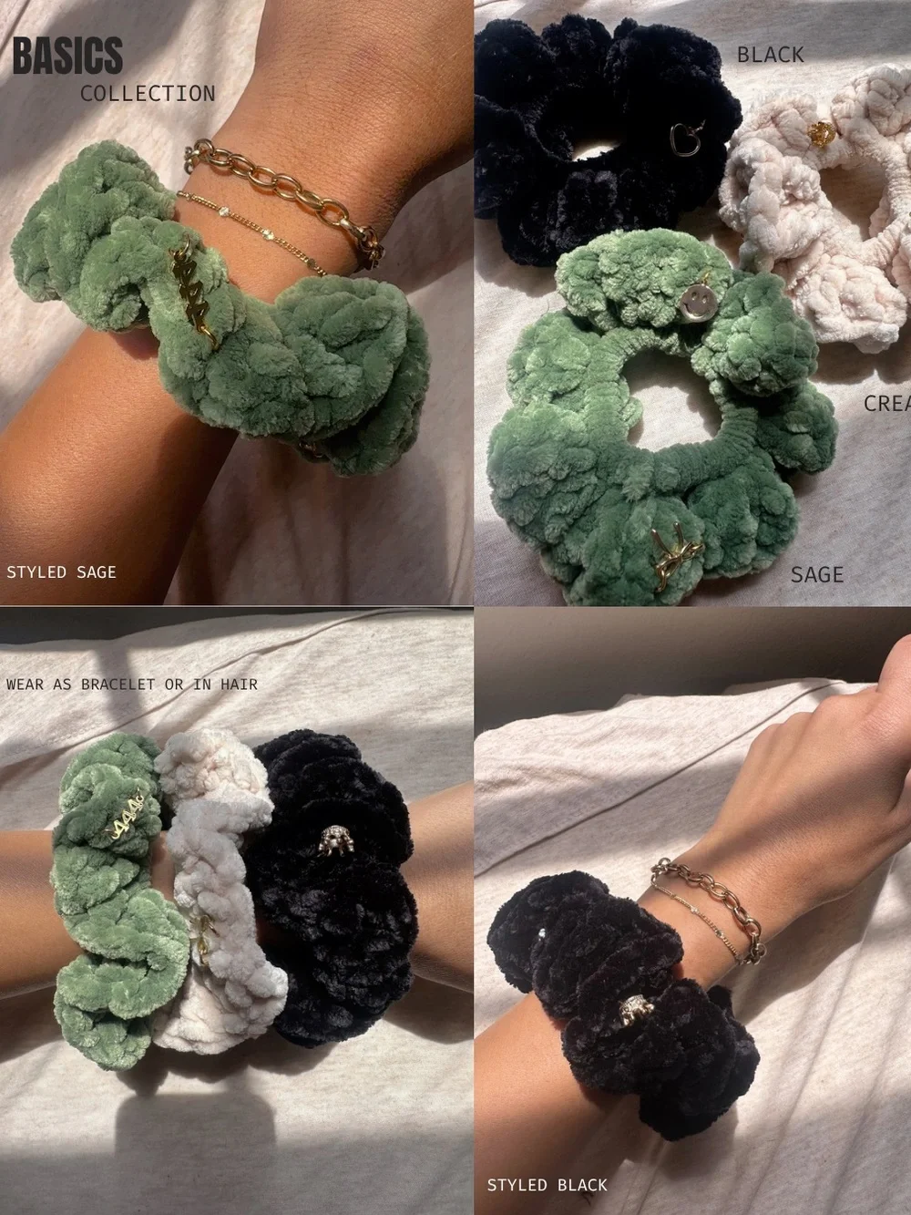 Charmed Plush Scrunchie Trio - Sage, Cream & Black